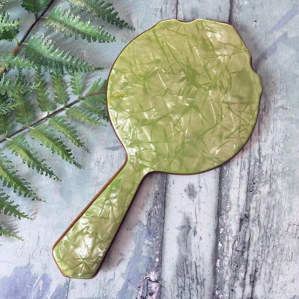 Vintage Heavy Jade Marbleized‎ Hand Mirror, Beveled Glass, 1940s Vanity Decor